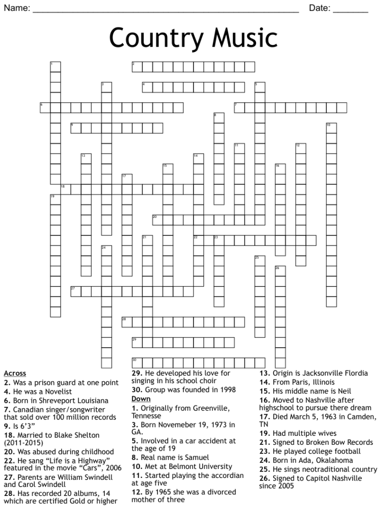 53 Country Music Crossword Puzzle Daily Crossword Clue