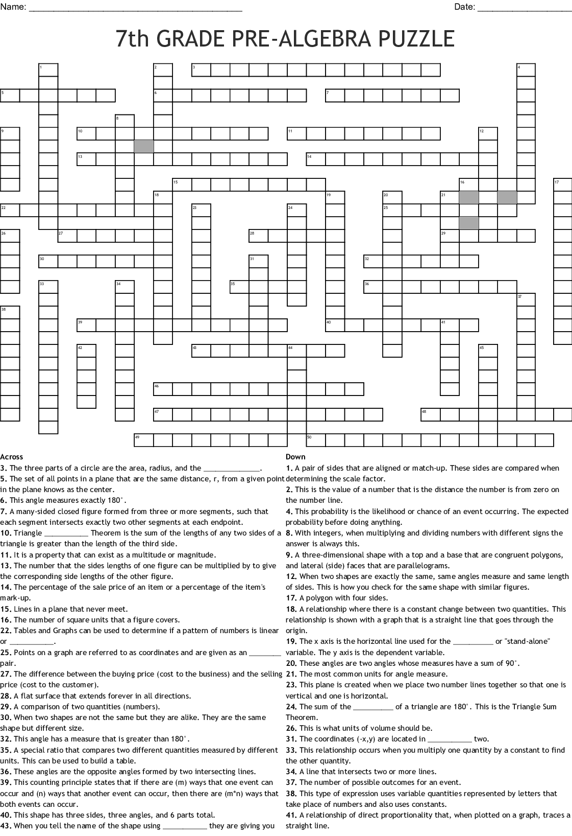 Pre Algebra Crossword Puzzles Printable