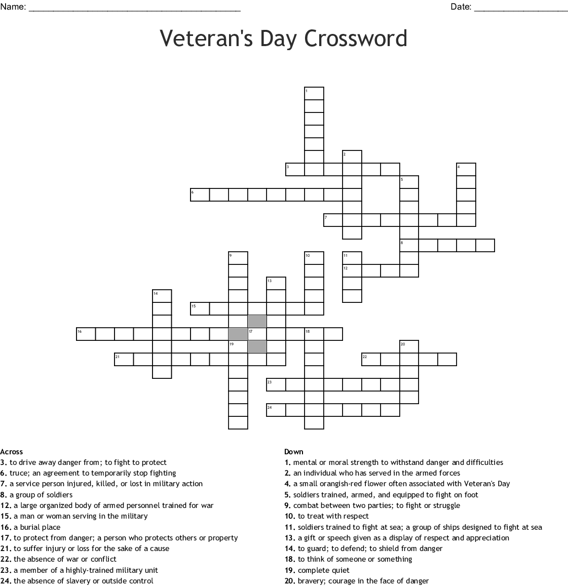 Veterans Day Crossword Puzzle Printable