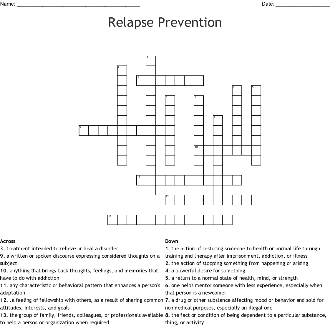 Addiction Crossword Puzzles Printable