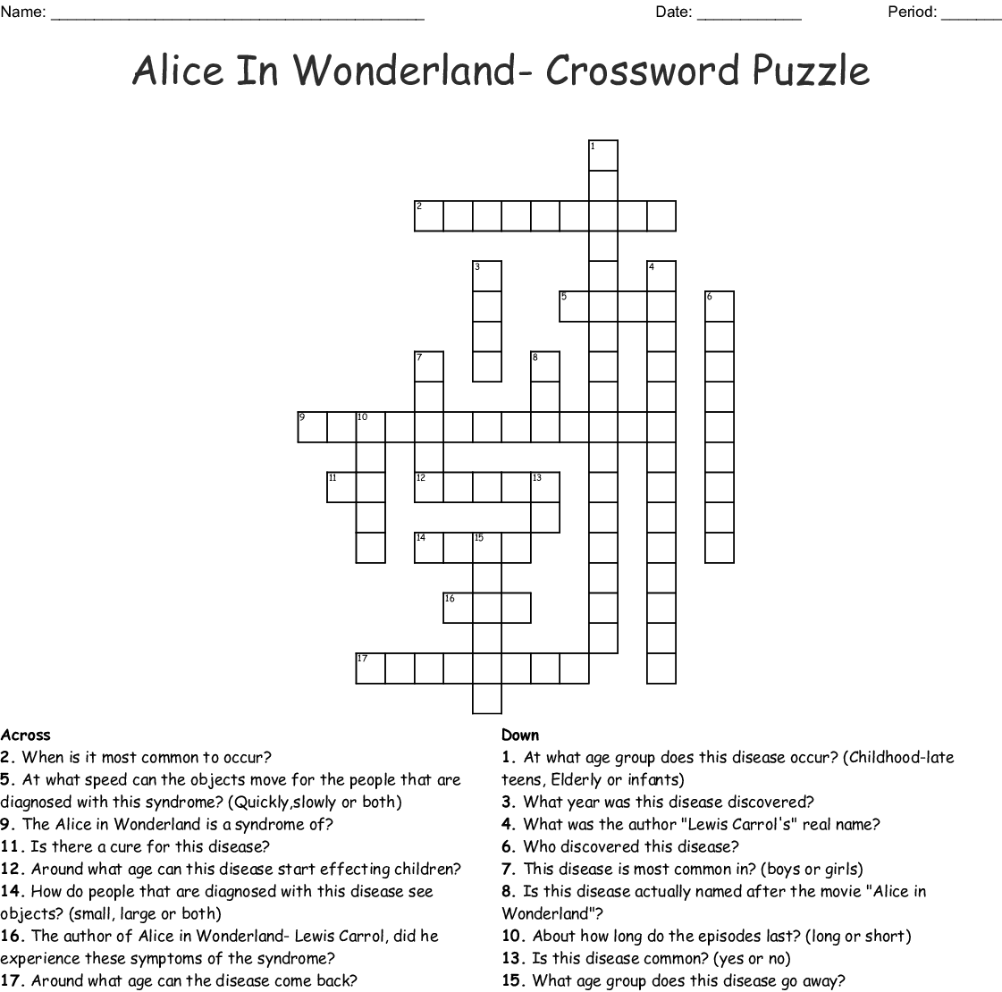 Alice In Wonderland Crossword Puzzle Printable