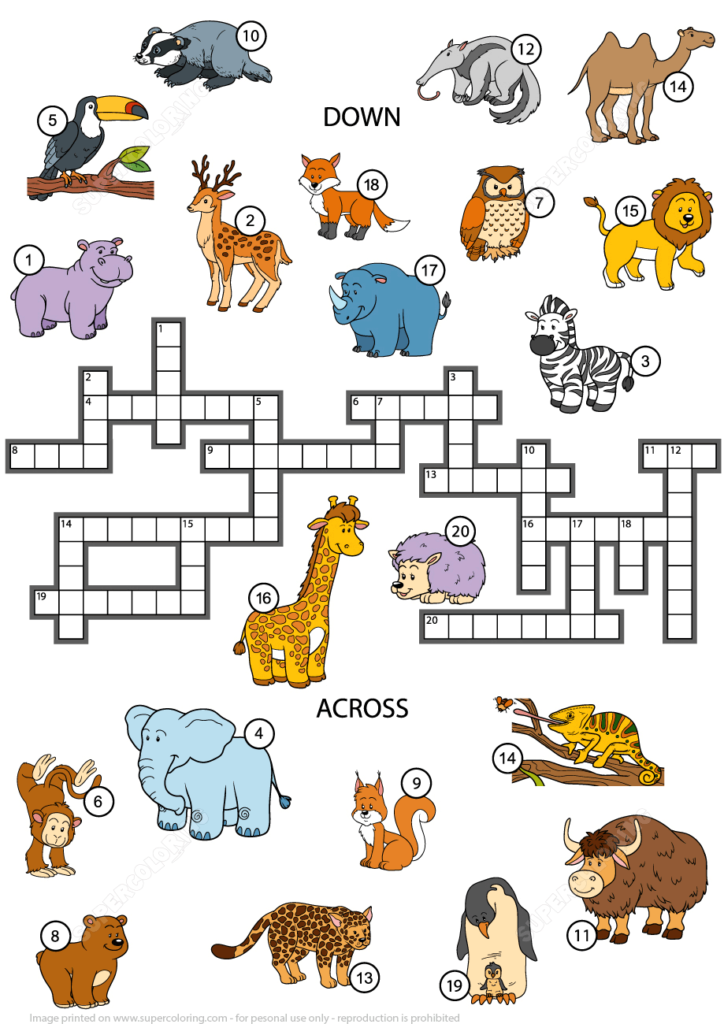Animals Crossword Puzzle For Studying English Vocabulary