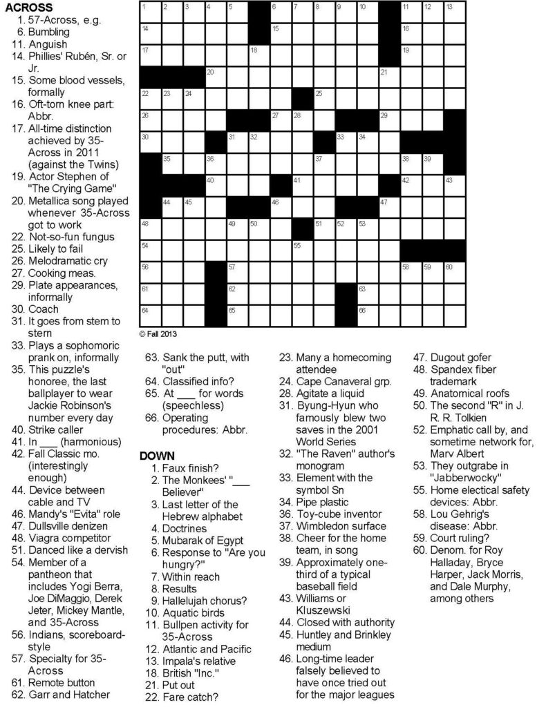 Baseball Tribute Crossword Puzzle