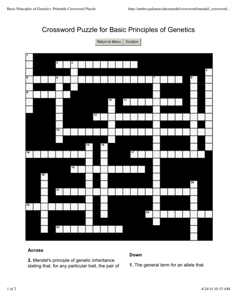 Basic Principles Of Genetics Printable Crossword Puzzle