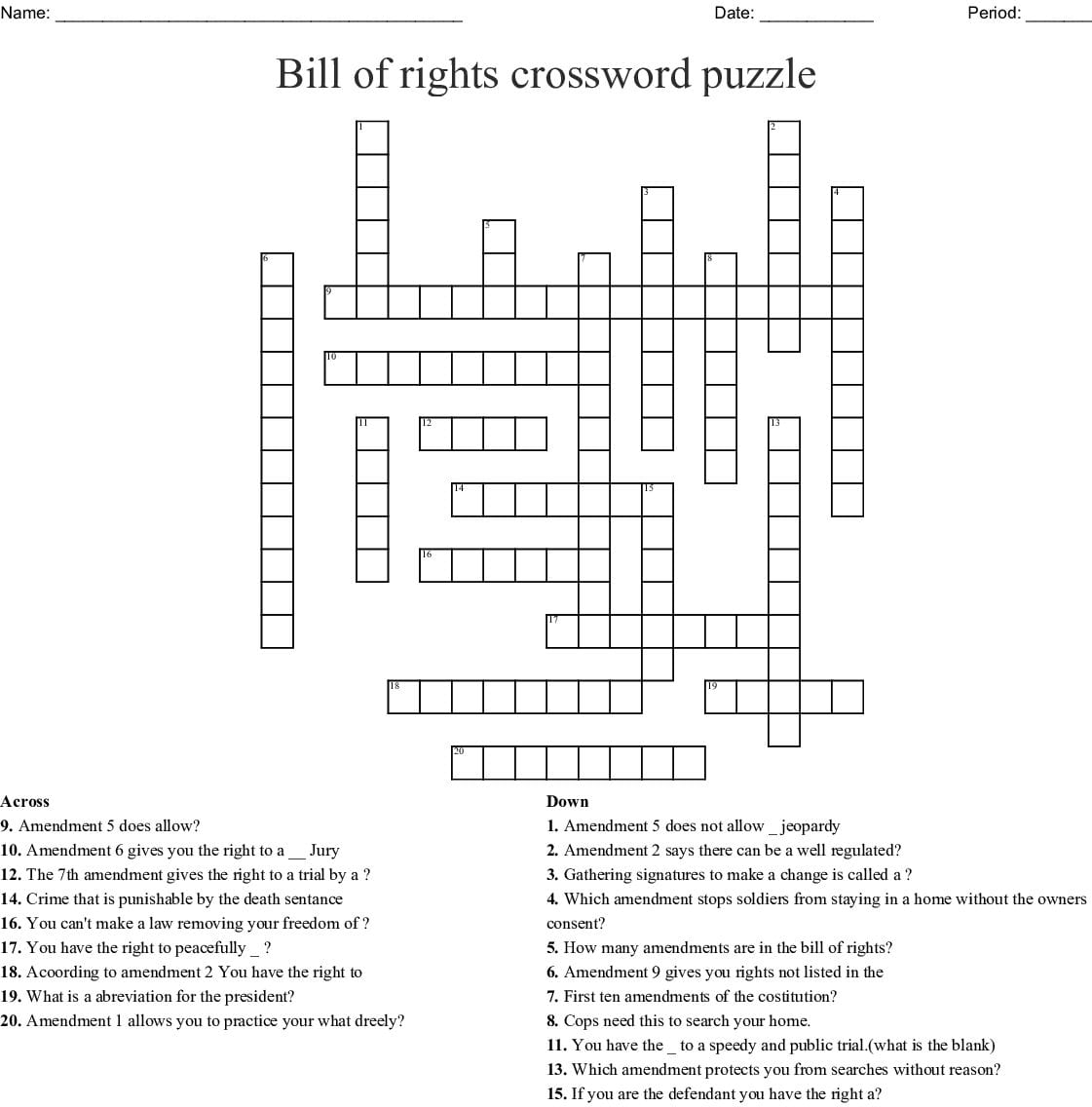 Bill Of Rights Crossword Puzzle Printable
