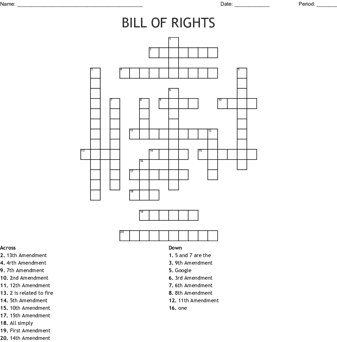 Bill Of Rights Crossword Puzzle Printable