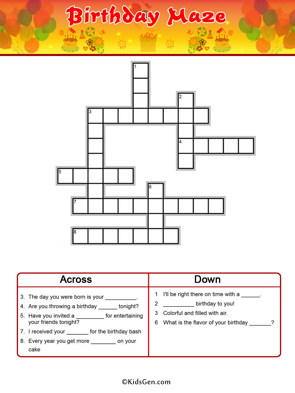 Birthday Crossword Puzzle Printable