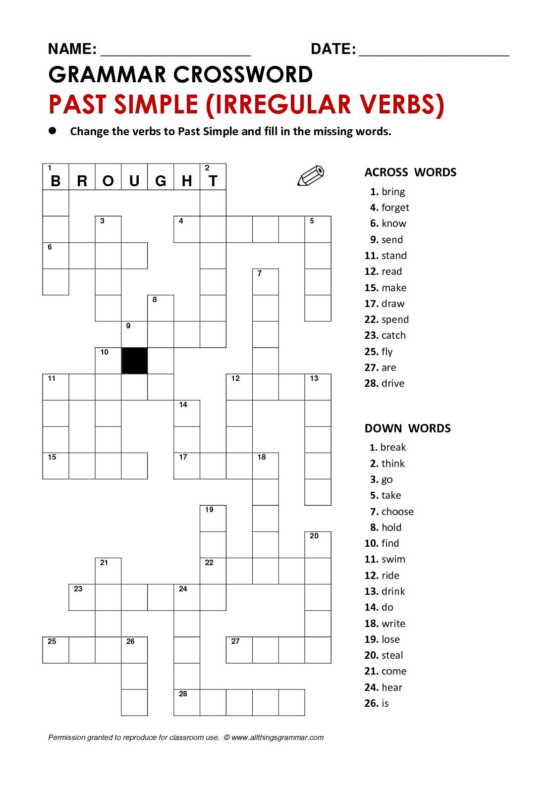 Simple Past Tense Crossword Puzzle Printable