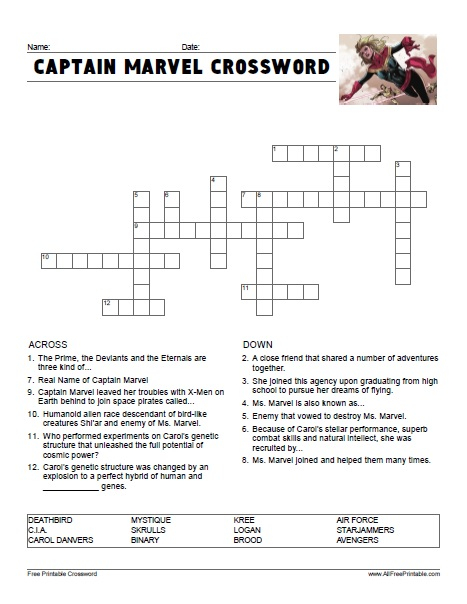 Captain Marvel Crossword Free Printable