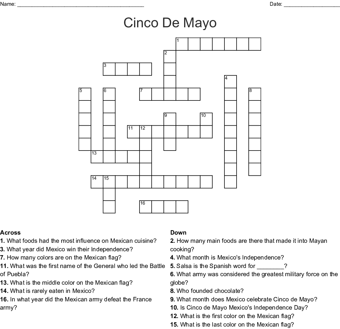 Cinco De Mayo Crossword Puzzle Printable