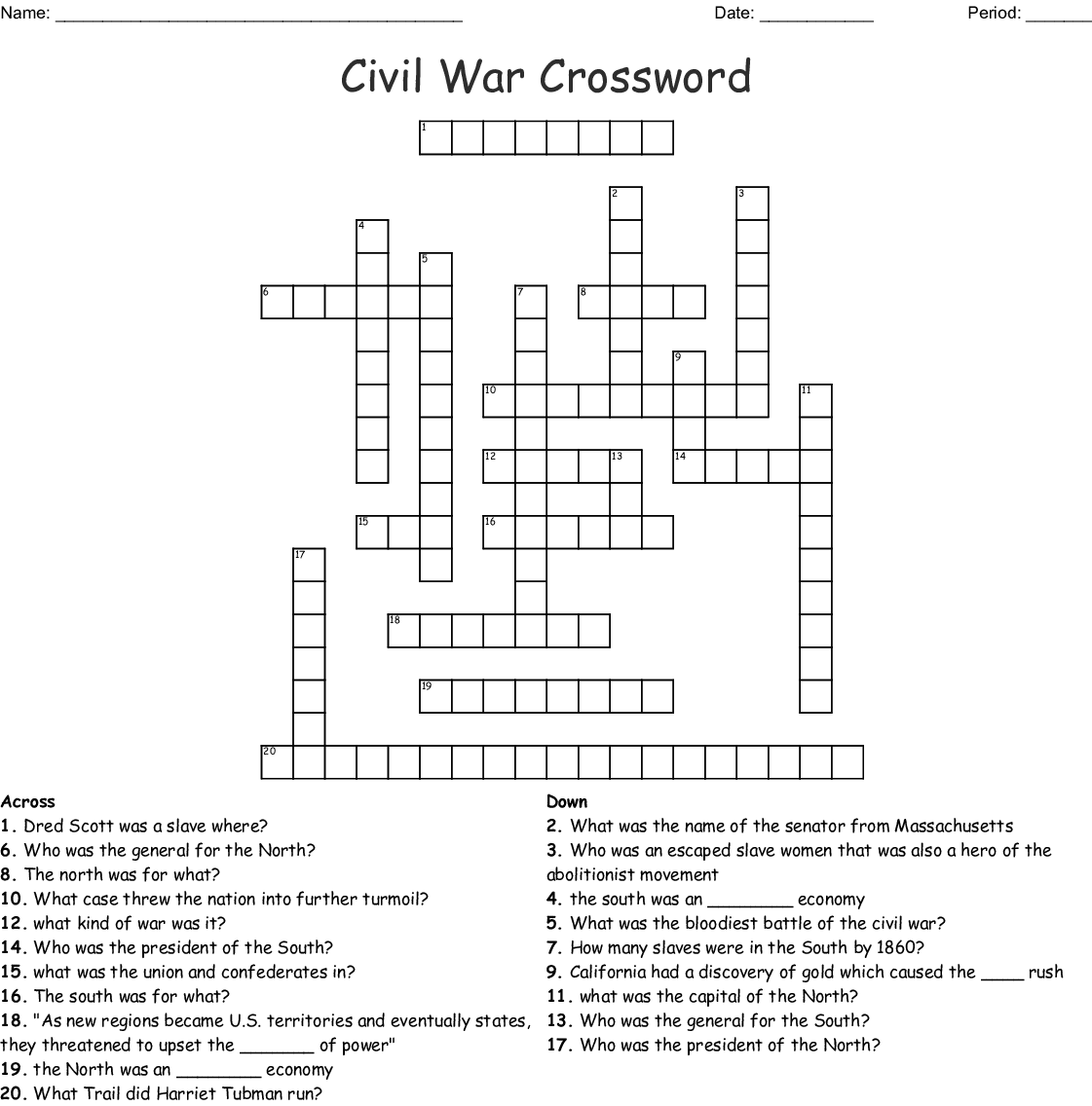 Civil War Crossword Puzzle Printable