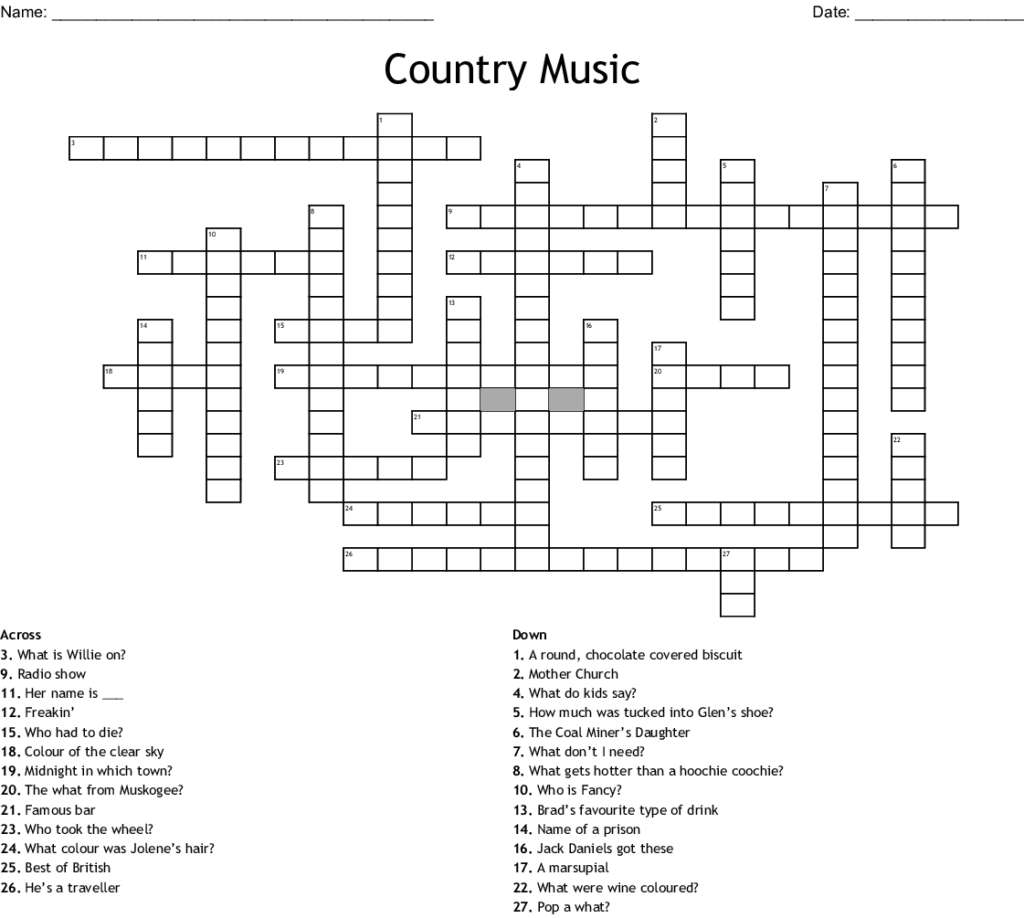 Country Music Crosswords Word Searches Bingo Cards