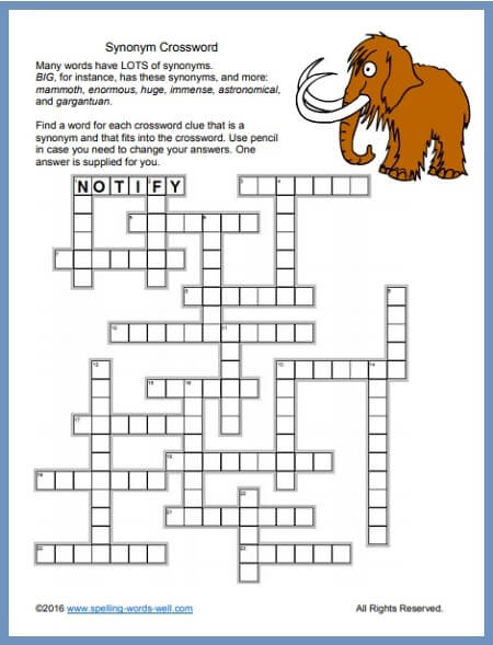 Synonyms Crossword Puzzle Printable