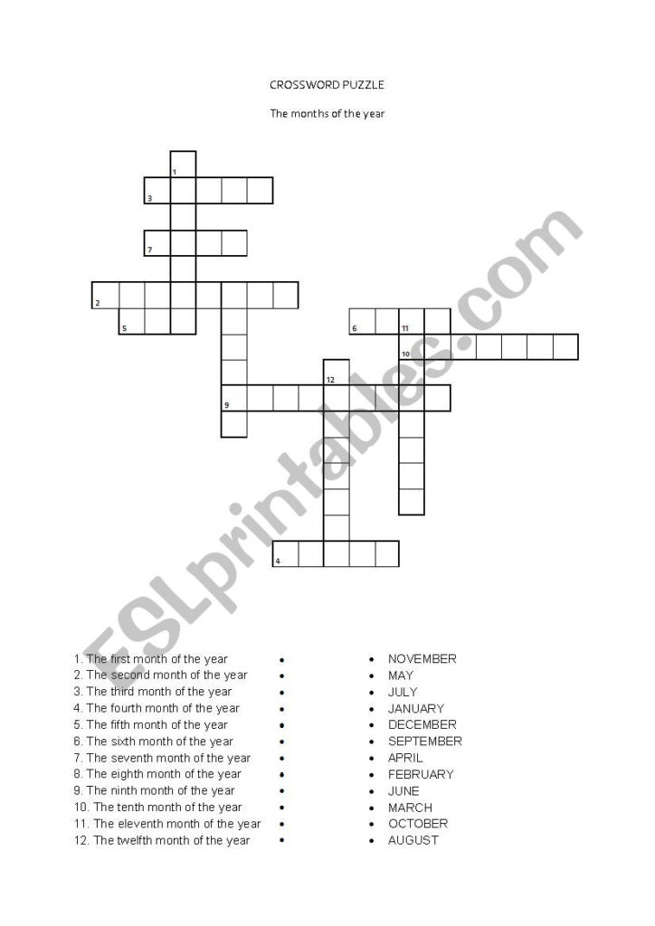 Crossword Puzzle The Months Of The Year ESL Worksheet