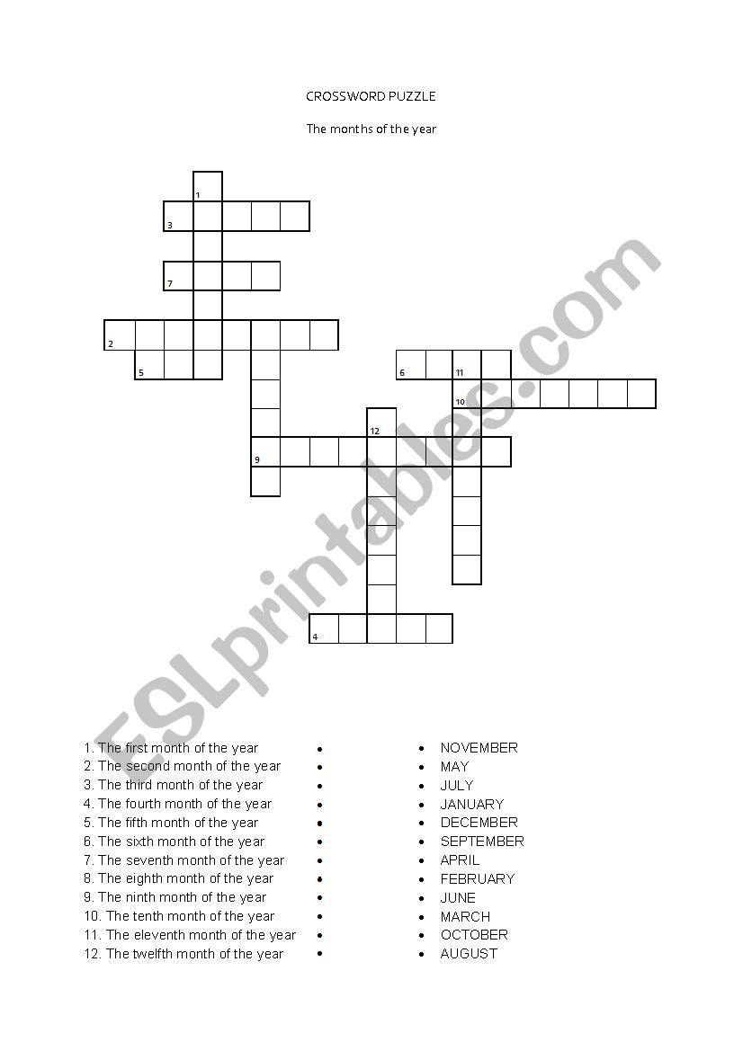 Months Of The Year Crossword Puzzle Printable