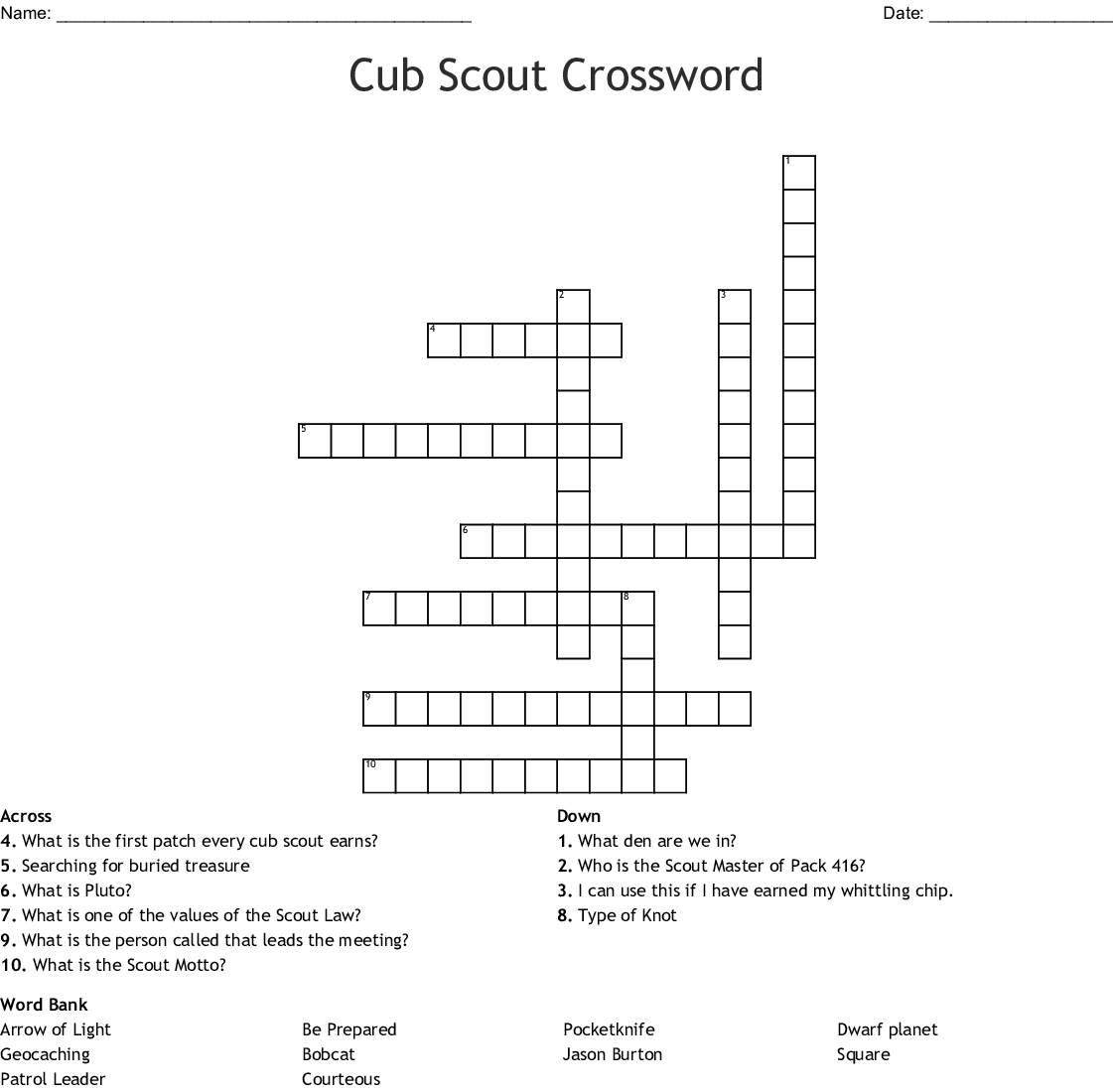 Cub Scout Crossword Printable