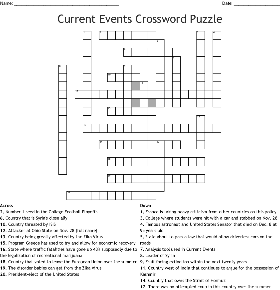 Current Events Crossword Puzzle Printable