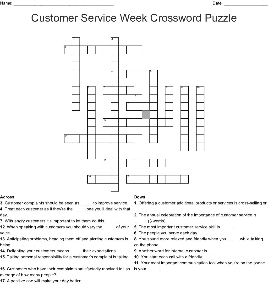 Customer Service Crossword Puzzles Printable