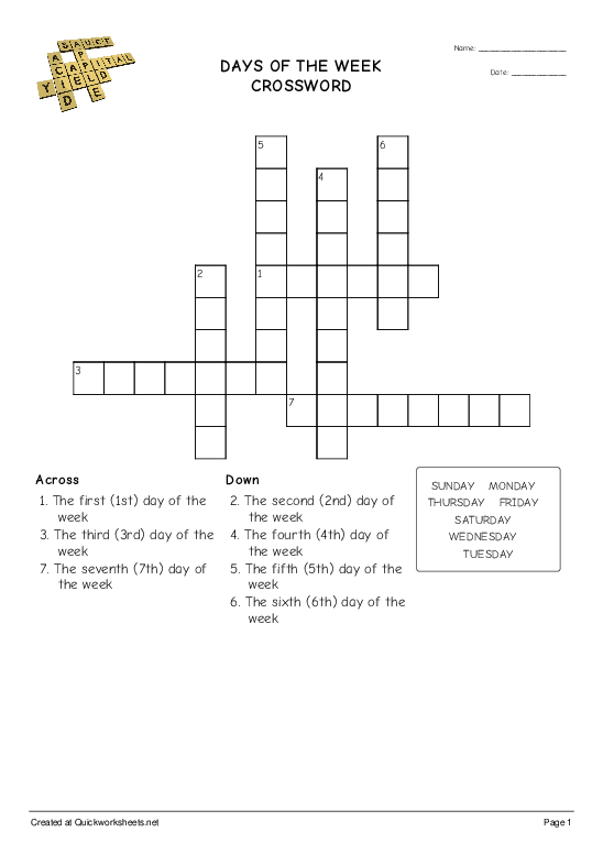 Days Of The Week Crossword Puzzle Printable