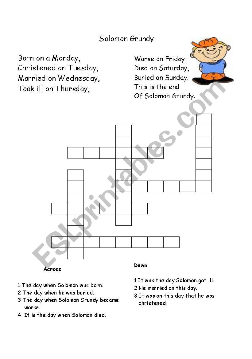 Days Of The Week Crossword Puzzle Printable Printable Crossword