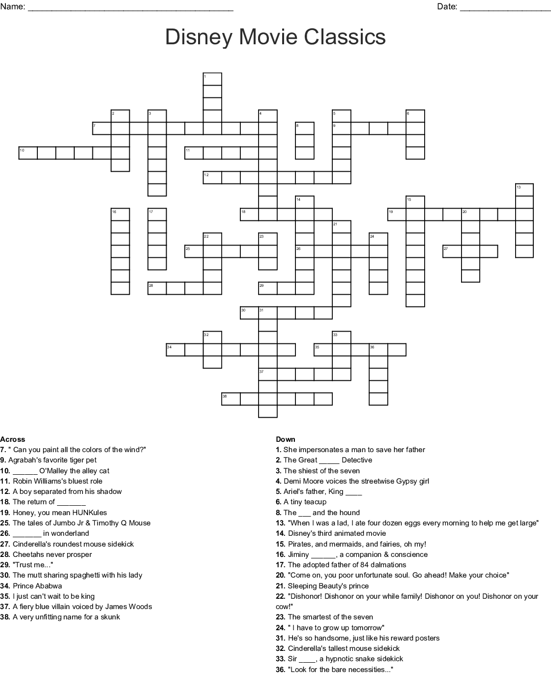 Disney Movie Crossword Puzzles Printable