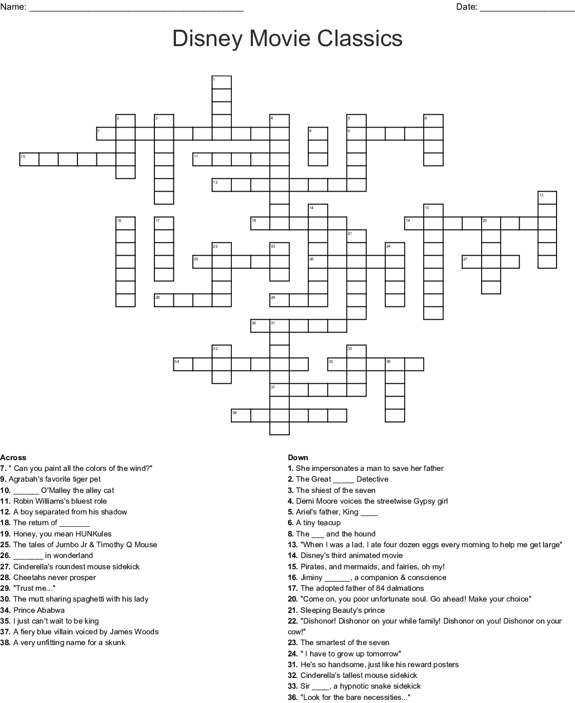 Hard Disney Crossword Puzzles Printable