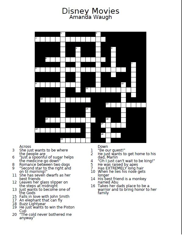 Disney Movie Crossword Puzzles Printable