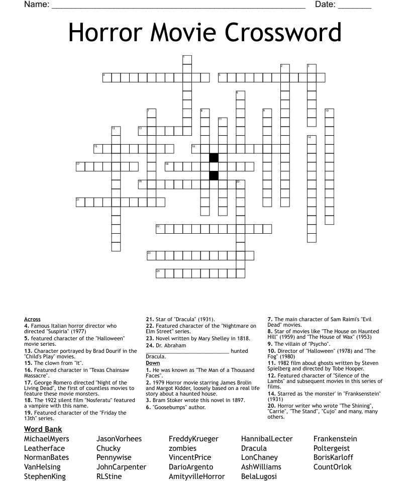 Horror Movie Crossword Puzzles Printable