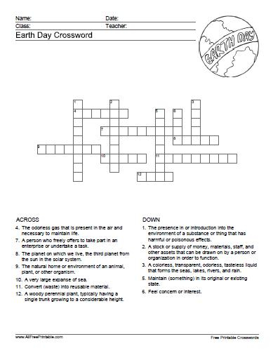 Earth Day Crossword Puzzle Printable