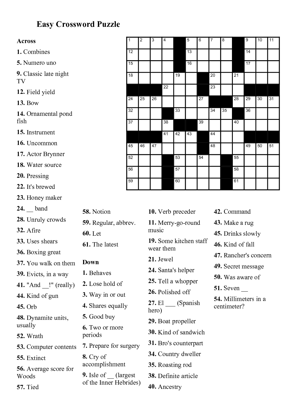 Easy Daily Crossword Printable