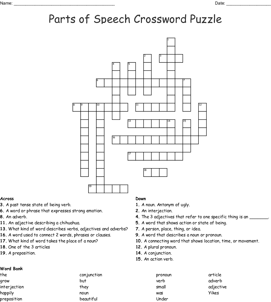 Parts Of Speech Crossword Printable