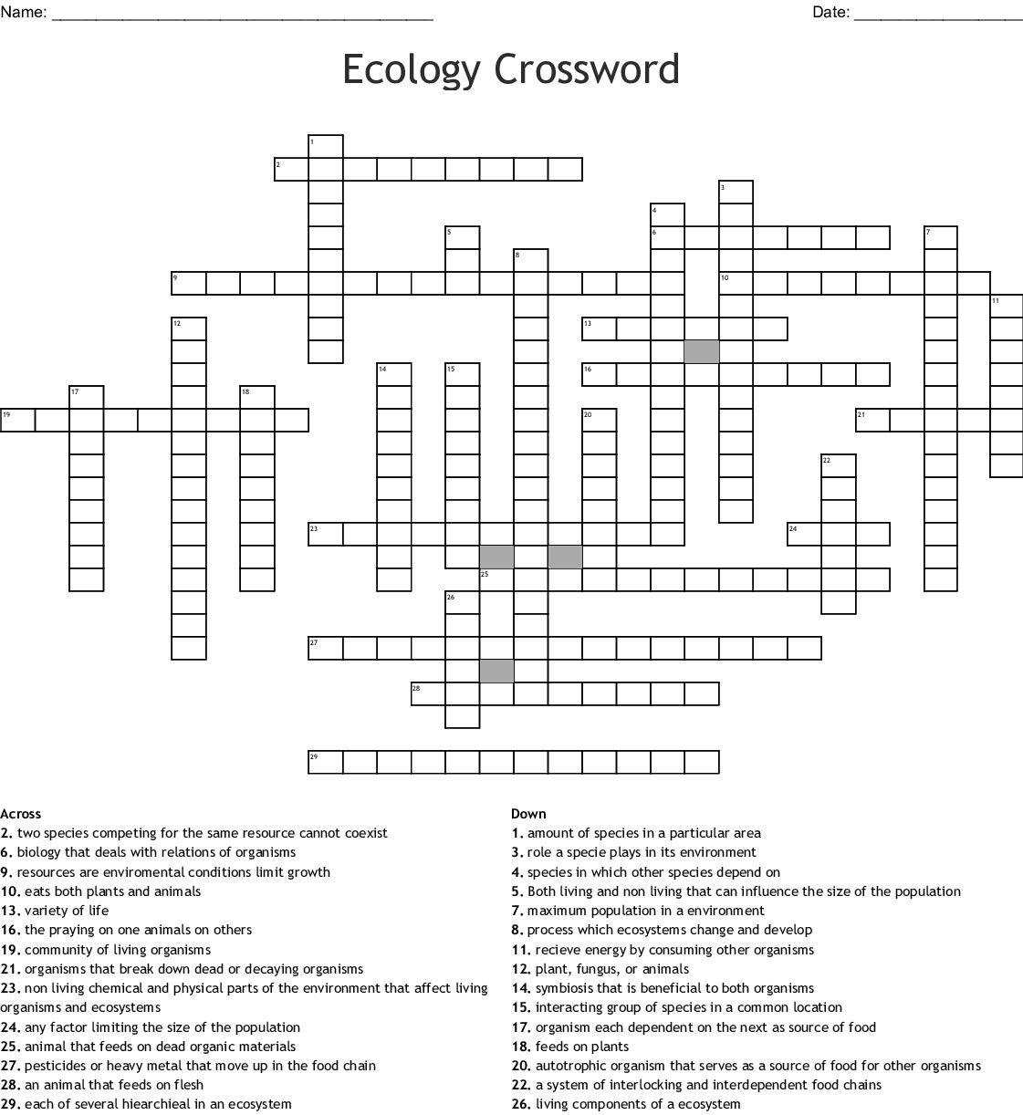 Printable Ecology Crossword Puzzle