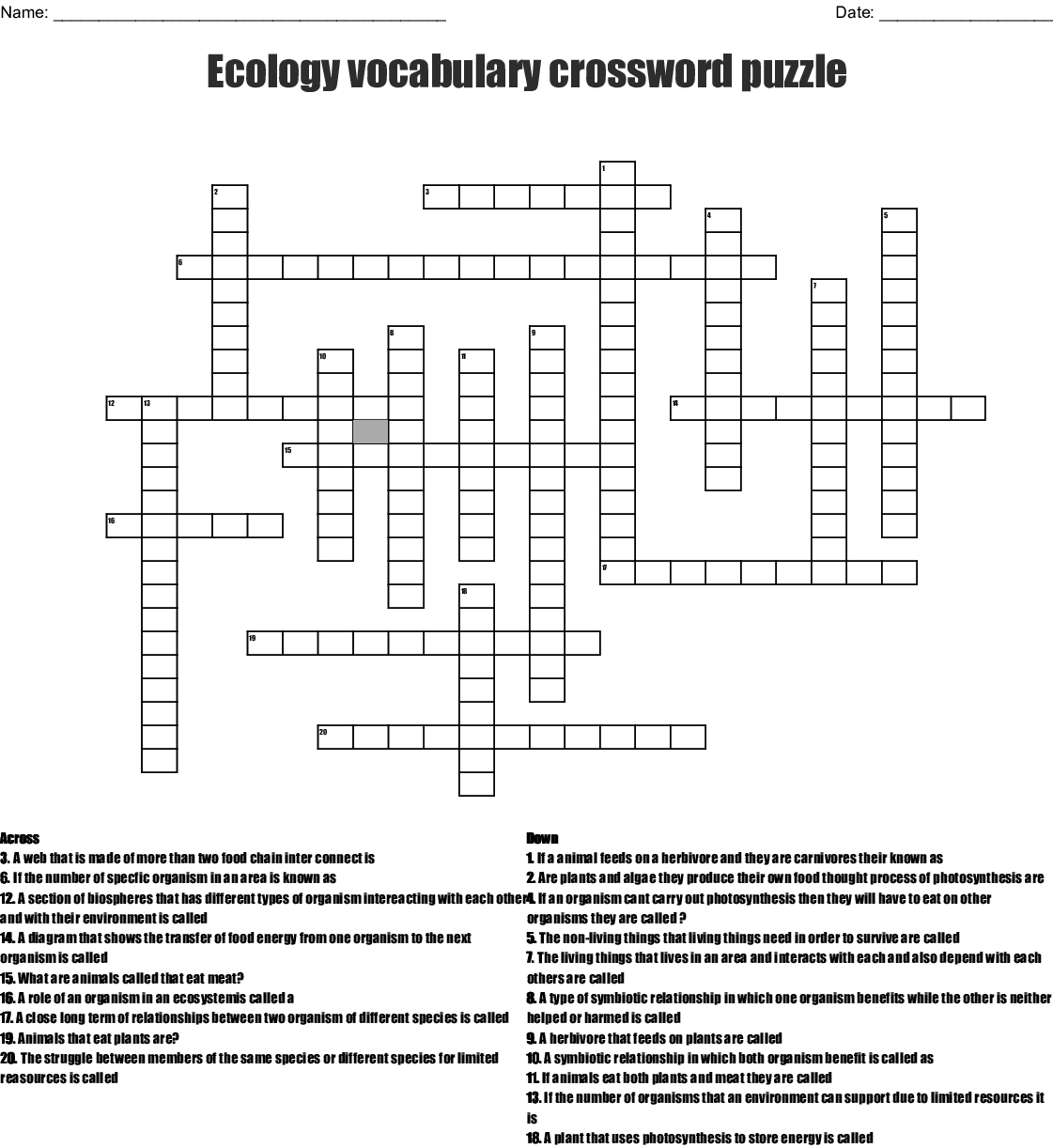 Printable Ecology Crossword Puzzle