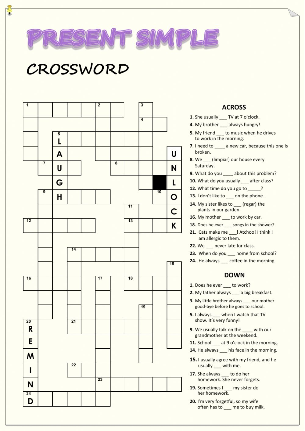 Simple Present Tense Crossword Puzzle Printable