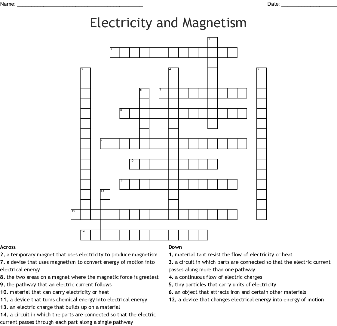 Electricity Crossword Puzzle Printable
