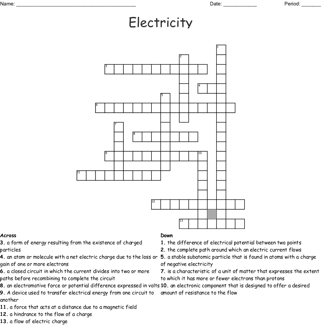 Electricity Crossword Puzzle Printable