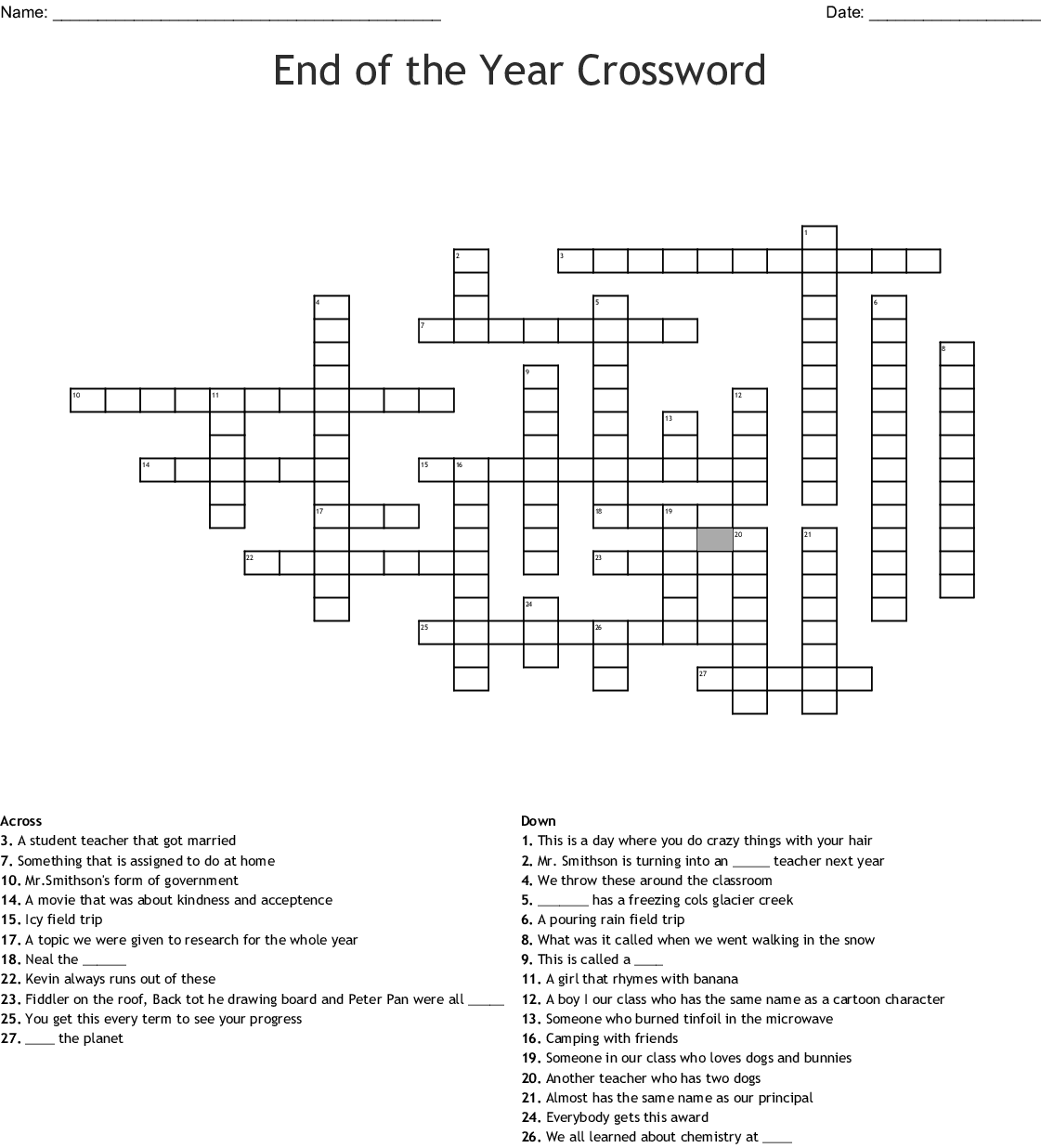 End Of The Year Crossword Puzzle Printable