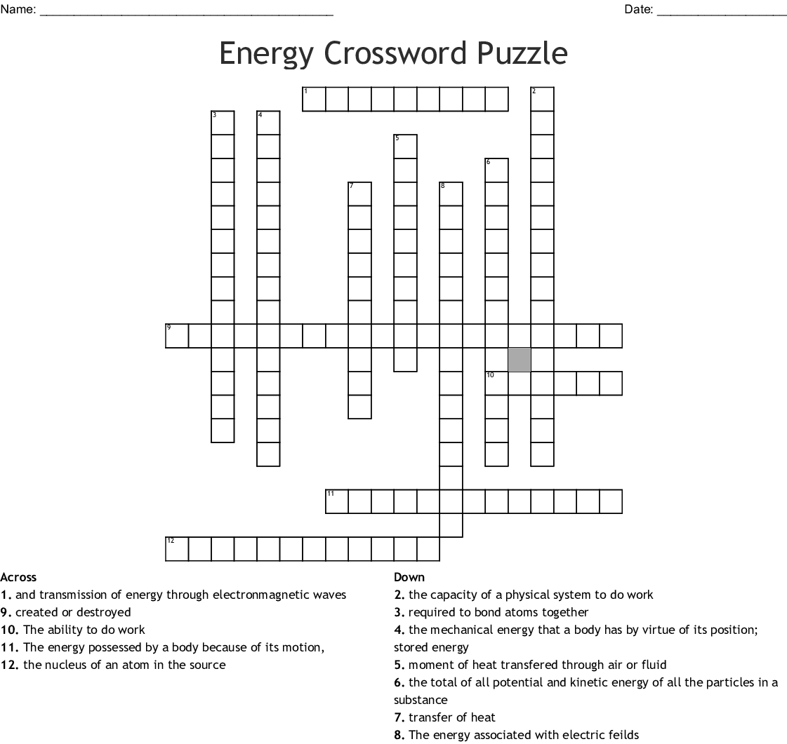 Energy Crossword Puzzle Printable