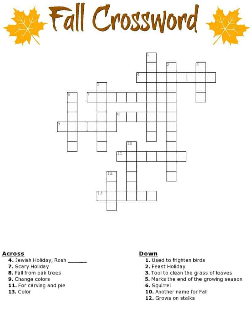 Fall Crossword Puzzle Free Printable