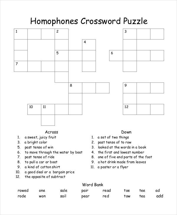 Homophone Crossword Puzzle Printable