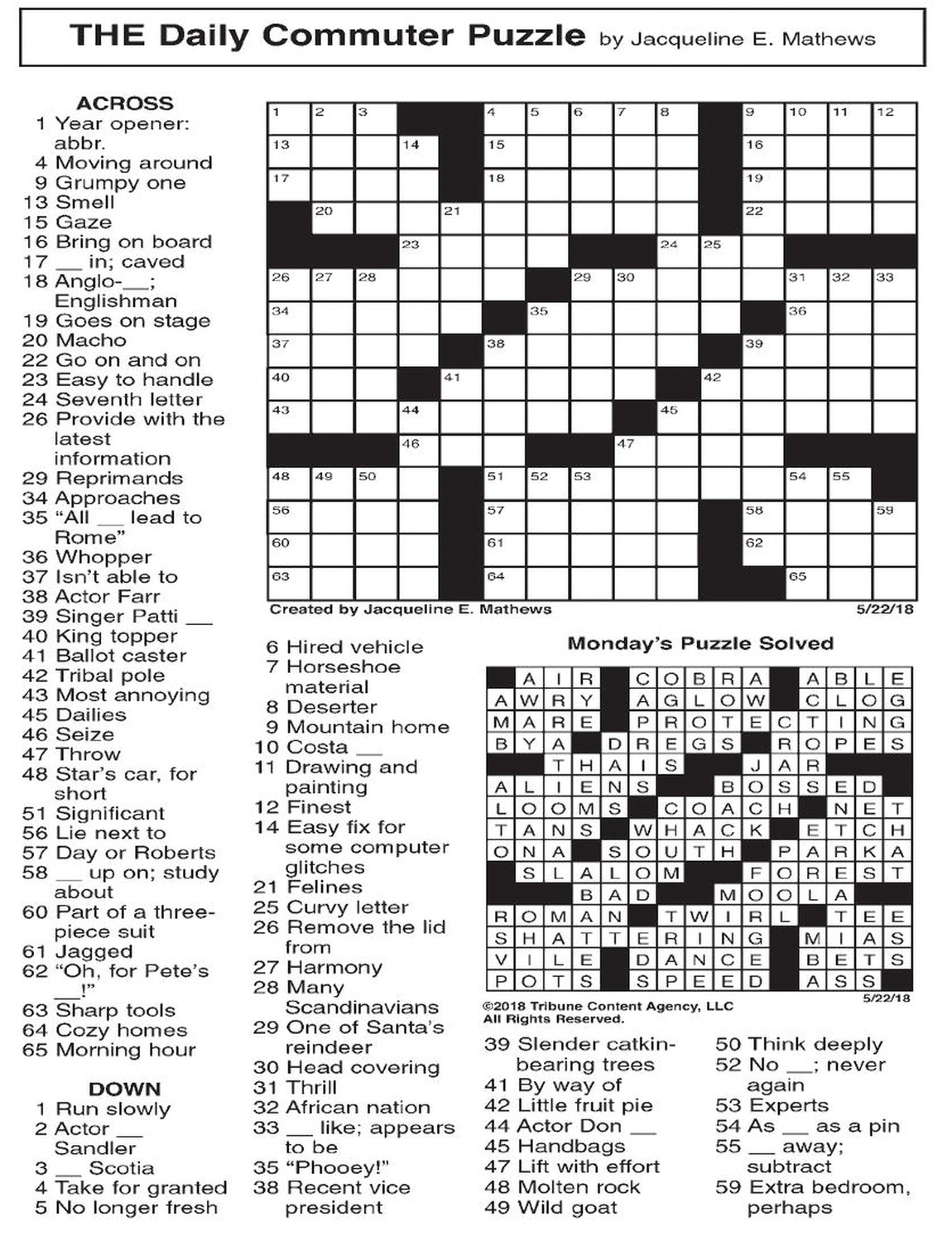 Free Printable Daily Commuter Crossword Puzzles