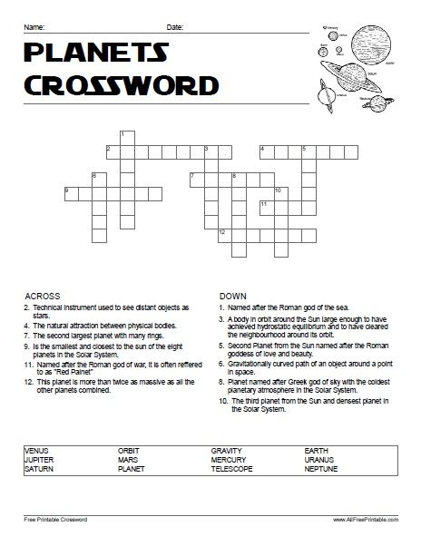 Astronomy Crossword Puzzle Printable