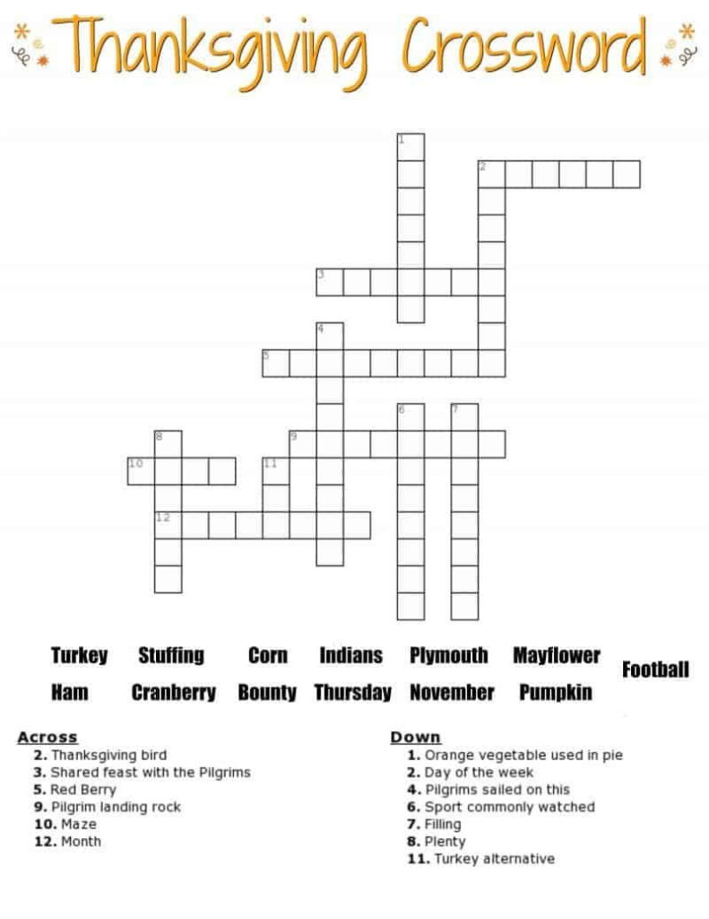 Free Thanksgiving Crossword Puzzle Printable Worksheet