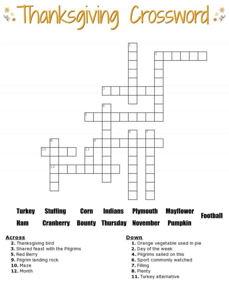 Thanksgiving Crossword Puzzles Printable With Answers