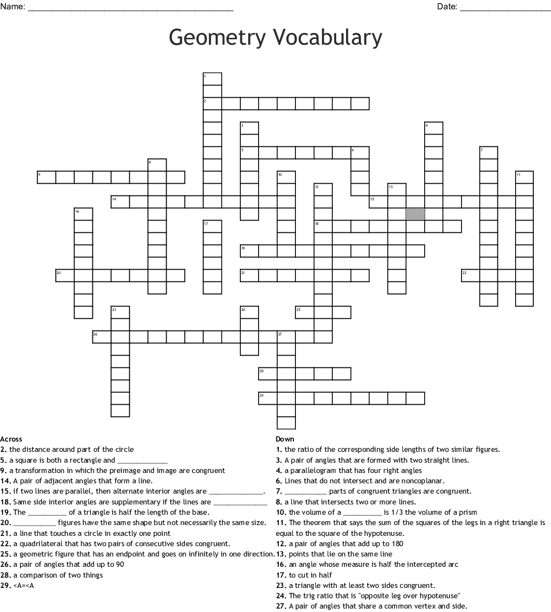 Geometry Vocabulary Crossword Puzzle Printable