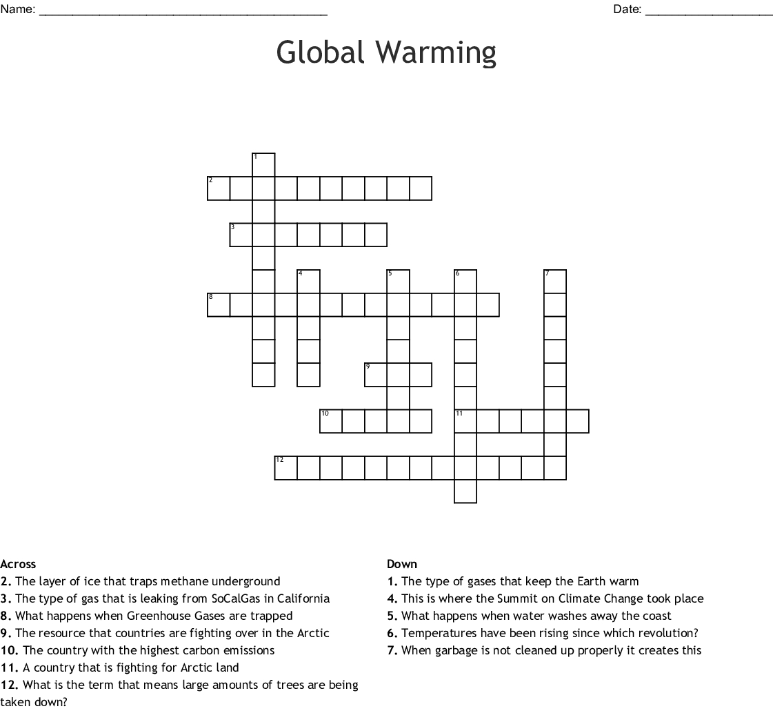 Global Warming Crossword Puzzle Printable