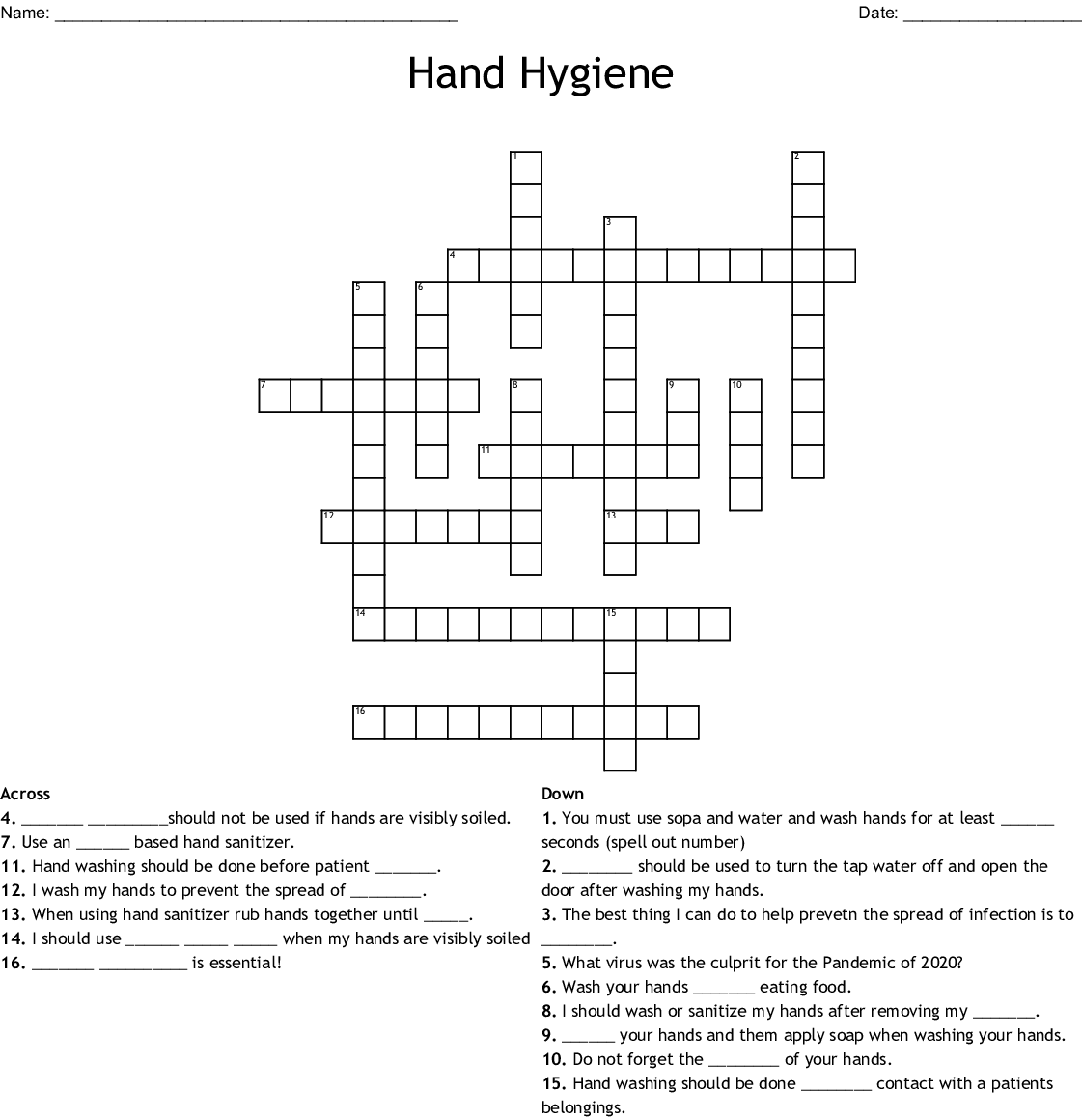 Printable Hand Hygiene Crossword Puzzle