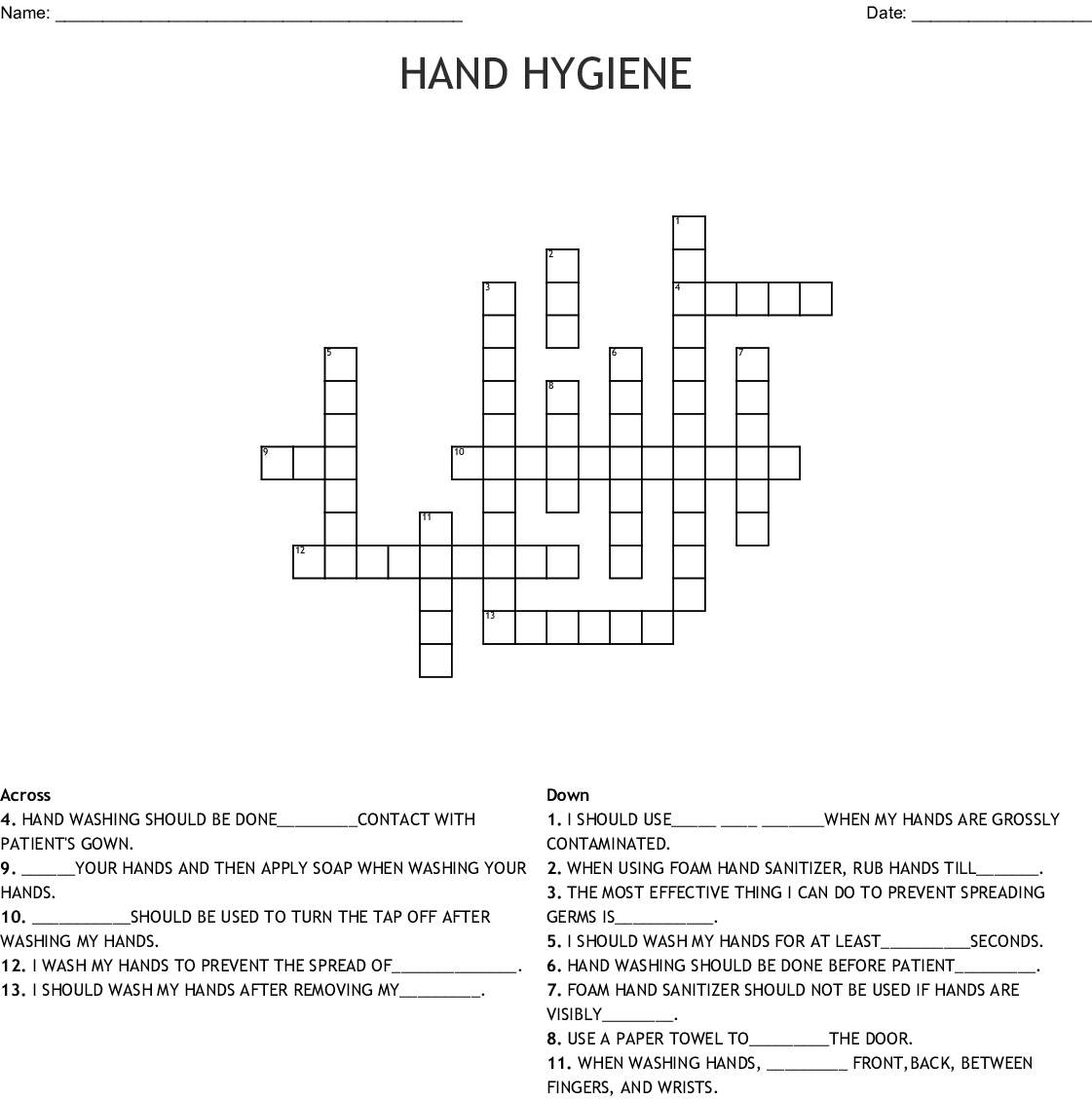 Printable Hand Hygiene Crossword Puzzle