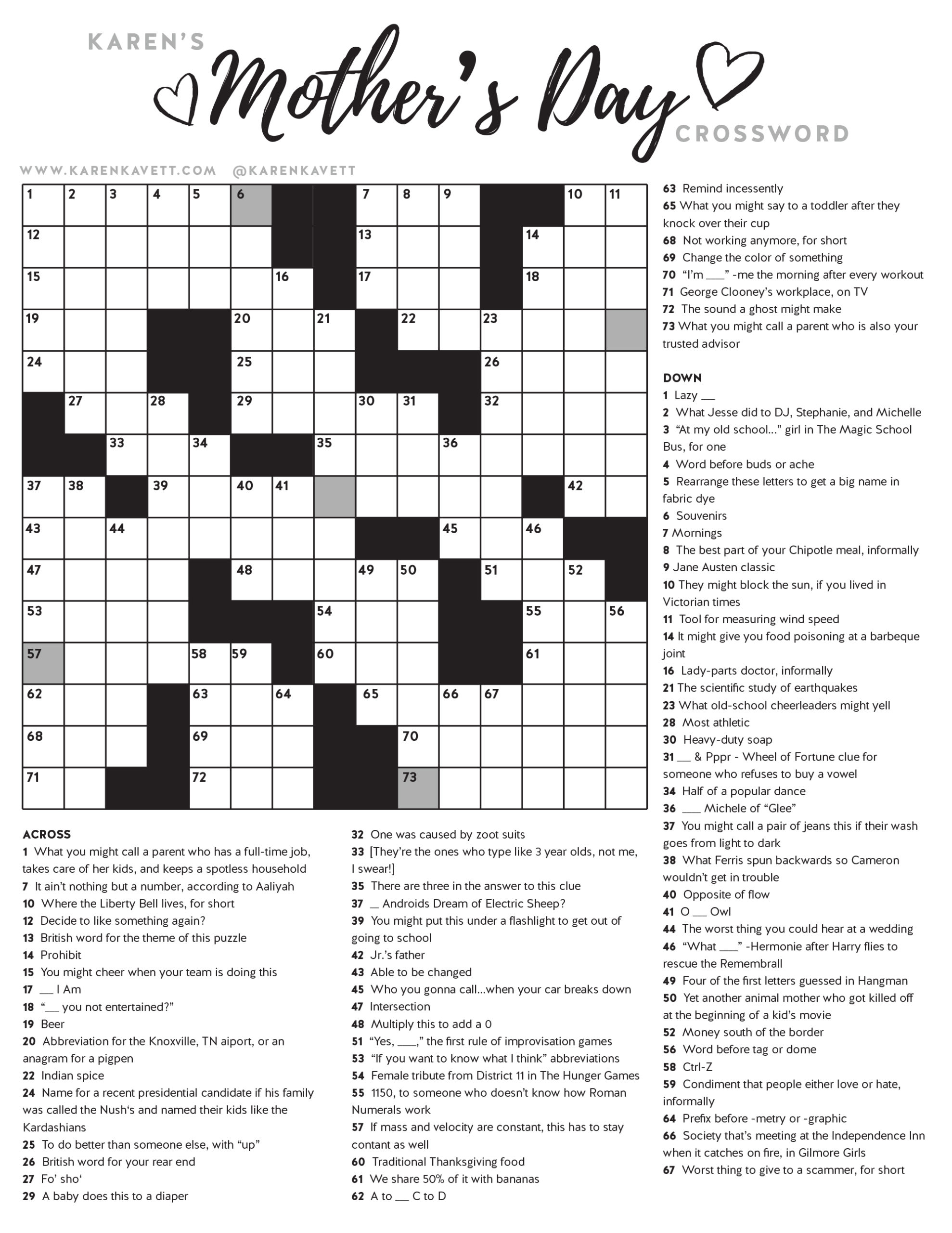 Printable Mother's Day Crossword Puzzle