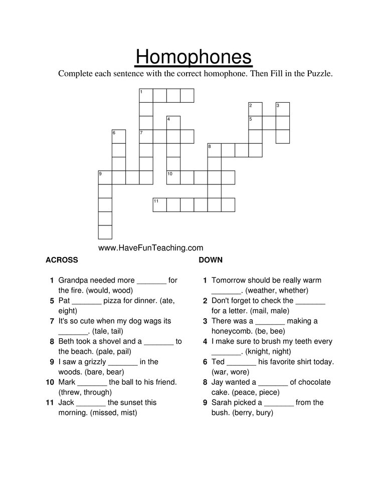 Homophone Crossword Puzzle Printable